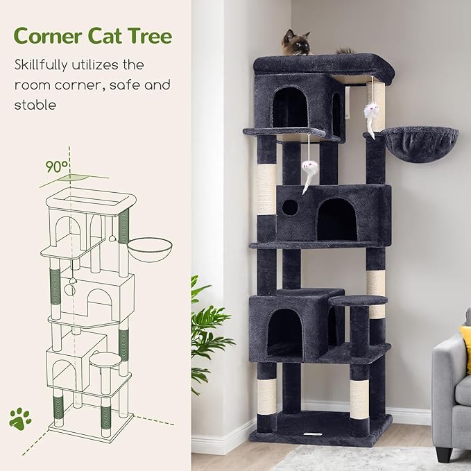 Globlazer Corner Cat Tree 66 inch Multi-Level Climbing Tower Kitty Condos Cat Scratching Tower for Indoor Multiple Cats with Large Platform, 3 Cat Caves, F66, Dark Grey