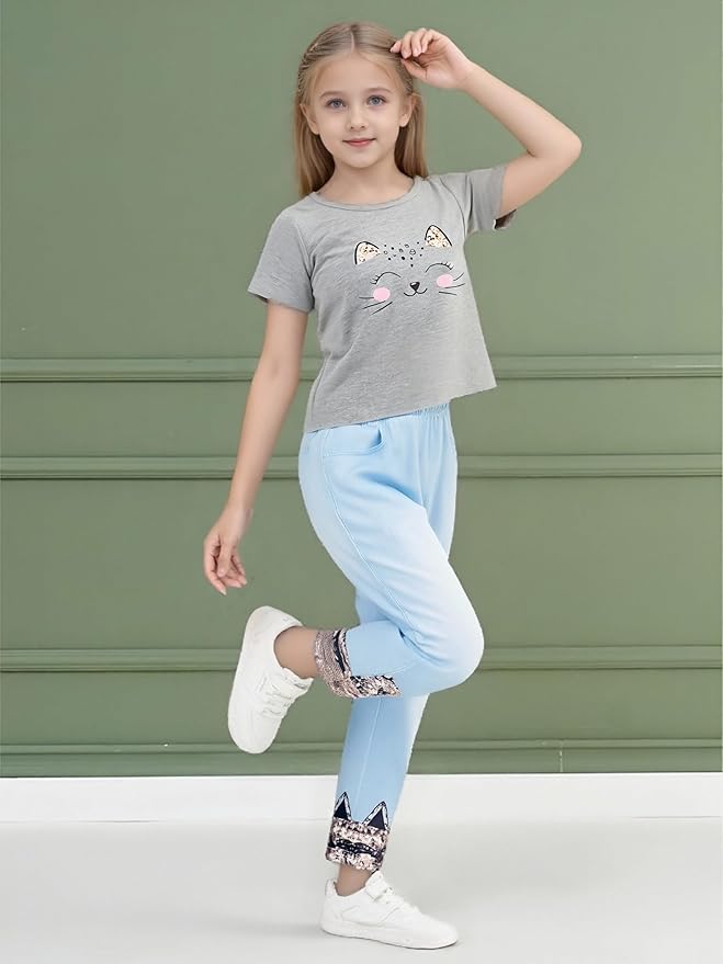 4-8T Toddler Girl Clothes Cat face print Short Sleeve Top+Pants Outfits Girl Spring and summer 2-Piece Set