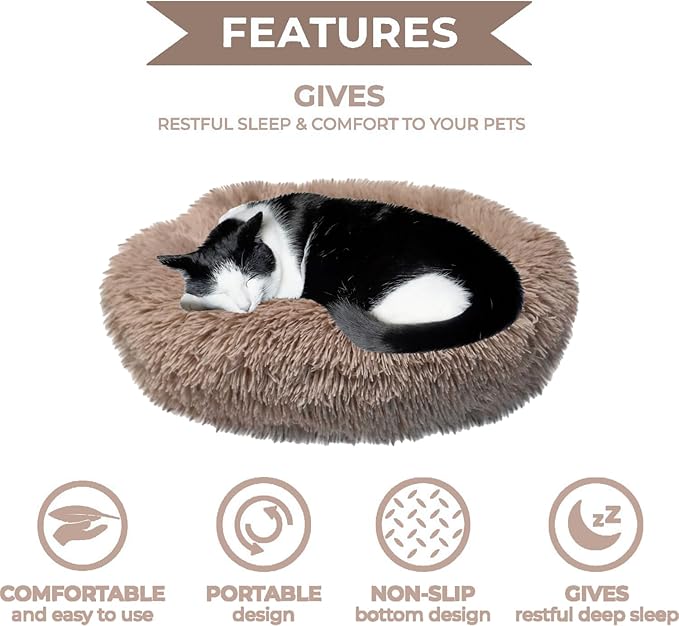 Whiskers & Friends Cat Bed, Cat Beds for Indoor Cats Washable, Orthopedic Soft Fluffy Round Calming Pet Bed for Small to Large Kitty Kittens & Dogs, Small Dog Beds & Furniture