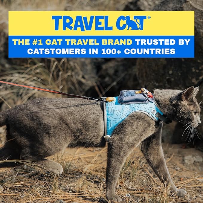 Travel CAT The Pathfinder Cat Harness with GPS Tracker Pocket - Powered by Tractive Cat Harness Escape Proof - Walking Escape Proof Harness for Small, Large Cat, Kitten (Blue, Small)