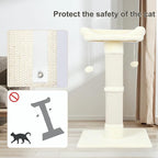 34" Cat Scratching Post for Indoor Cats, Sisal Cat Scratcher with Large Plush Perch, Vertical Posts with Elevated Bed and with Two Dangling Balls, Removable & Washable Cover, Beige White