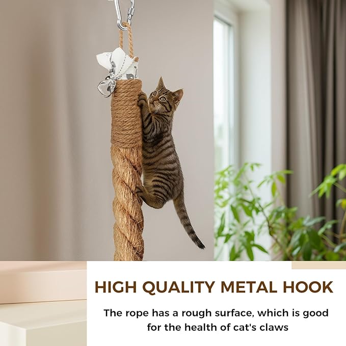 Weysat 1.97'' x 6.7 ft Cat Climbing Jute Rope with Hook Ceiling Wall Mounted Kitten Scratching Post Climbing Rope Toy for Indoor Outdoor Cats