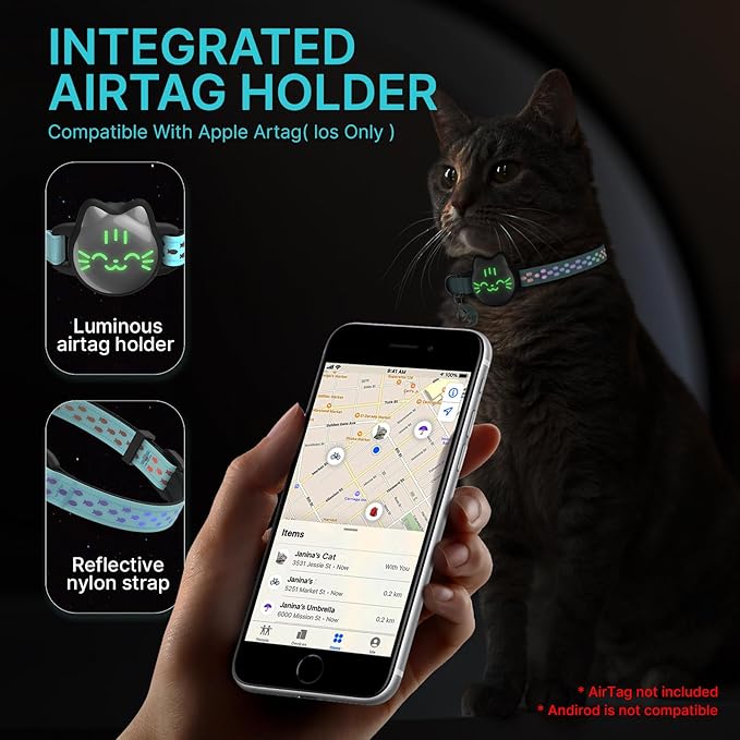 Waterproof Airtag Cat Collar, Breakaway Cat Airtag Collar with Luminous & Reflective Pattern Strap, Lightweight Kitten Collars for Apple Air tag, Hidden Holder for GPS Tracker - Cats, Kittens (9-13")