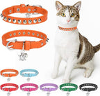Leather Cat Collars for Boy Girl Cats with Bell and Safety Elastic Belt, Personalized Rivets Stud Adjustable Safe Buckle Collar with Skull Charm for Kitty Small Pets, Halloween Cat Collar