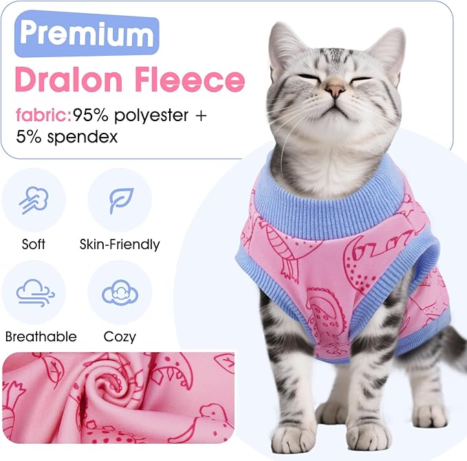 DENTRUN Sleeveless Cat Vest with Dinosaur Print, Breathable Ultra-Soft Dralon Fleece Cat Sweater, All-Season Pet Costume Apparel for Cats, Kitten Clothing for Indoor/Outdoor, Pink, XS