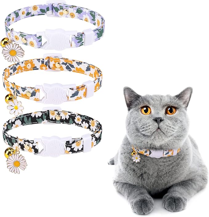 3 Pack Breakaway Cat Collars with Bell- Flower Pendant Spring Cat Collar for Girl Boy Cats with Safety Buckle- Cute Kitten Collar Adjustable 8"-12" for Kitty Puppy Small Pets