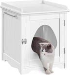 Yaheetech Cat Litter Box Enclosure, Hidden Litter Box Furniture with Side Towel Bar, Wooden Cat Washroom, Storage Cabinet, Indoor Pet House, Side Table Nightstand, White