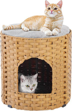 Cat House for Indoor Cat, Large Double Cat Houses Cat Bed Cave, Handwoven Rattan Pet Beds with One Soft Pad, 17 x 17 x 17 Inches Foldable Kitten Hideaway in Living Room Natural