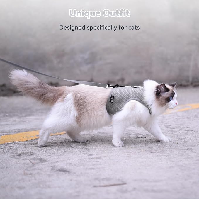 Cat Harness and Leash for Walking Escape Proof Breathable Mesh Fabric, Solid Grey, Large, Adjustable Cat Walking Jackets, Padded Stylish Cat Vest