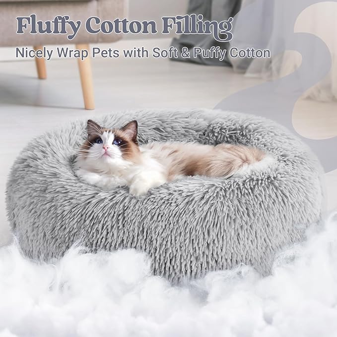 rabbitgoo Cat Beds for Indoor, 20 inches Machine Washable, Fluffy Round Pet Bed Non-Slip, Calming Soft Plush Donut Cuddler Cushion Self Warming for Small Dogs Kittens, Light Grey, Medium