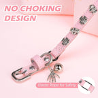 EXPAWLORER Cat Collar for Girl Boy Cats- Adjustable Leather Pet Collar with Safety Elastic Belt,Personalized Punk Accessories Buckle Collars with Bell & Durable D-Ring,Skull（Pink）