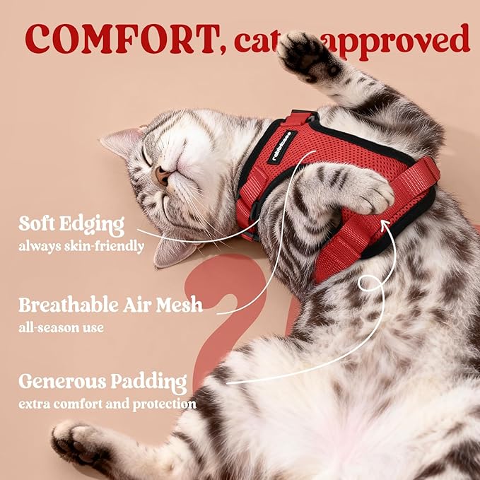 rabbitgoo Cat Harness and Leash for Walking, Escape Proof Soft Adjustable Vest Harnesses for Cats, Easy Control Breathable Reflective Strips Jacket, Red, S