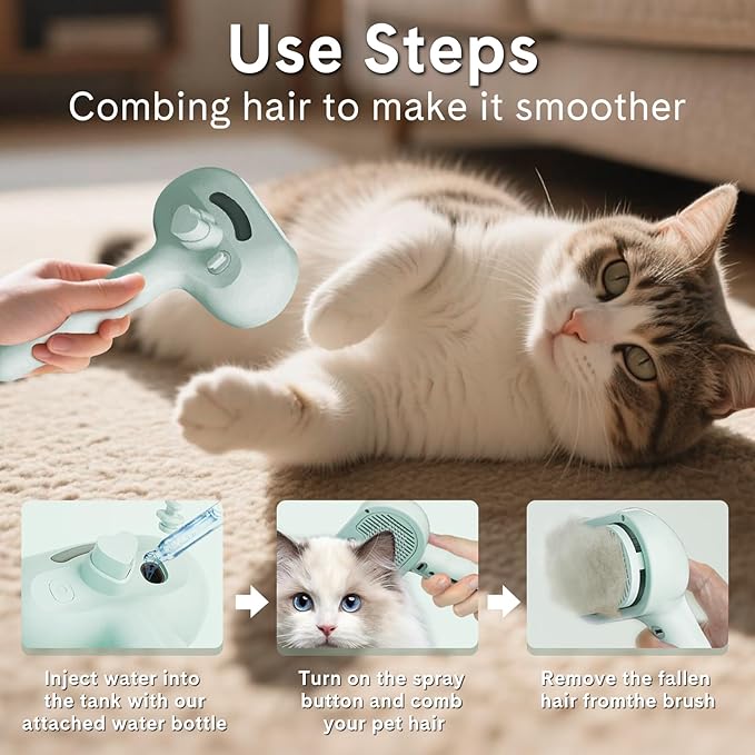 Pet Steam Brush for Dogs & Cats - 2-in-1 Deshedding & Detangling Tool with Steam Spray, Anti-Static Grooming Brush for Long/Short Haired Pets, Waterless Cleaning & Massage(Green)