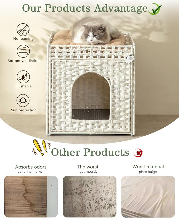 Cat Litter Box Enclosure Furniture, Hidden Litter Box with Mat and Fence, Handwoven Rattan Cat House with Two S-Shaped Hooks for Living Room, Bedroom, 18.5 x 20.5 x 19.1 Inches (White
