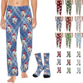 Artsadd Personalized Christmas Pajama Pants Socks for Men Custom Photo Pajama Bottoms for Men S-XXL
