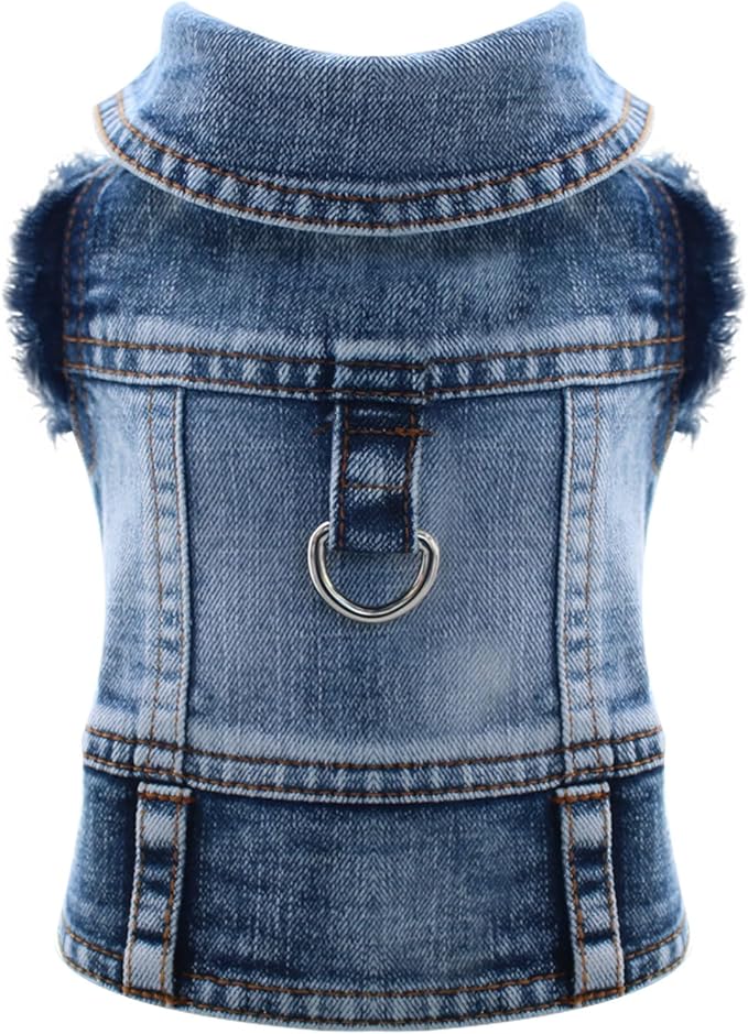 Cool Dog Jean Jacket Vest with D-Ring Blue Denim Dogs Outfits for Small Medium Dogs Cats Boy Male Dog Clothes Costume Dogggie Puppy Harness Coat for Frenchie Walking(Blue with D-Ring,XL)