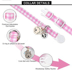 Lionet Paws 2pcs Pack Cotton Cat Collar,Breakaway Buckle with Green Pink Grid and Brand Pendant Cute Adjustable Cat Kitten Collar,Ideal for Girl Cats Boy Cats