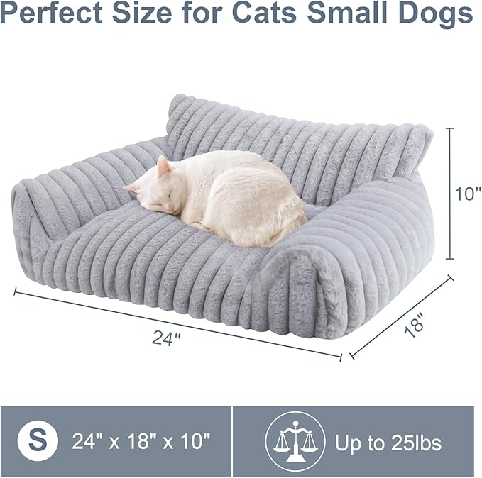 Cute Cat Couch Bed for Indoor Cats, Fluffy Pet Cat Sofa with Premium Soft Corduroy Fleece, Cute Small Dog Beds for Small Dogs, Fuzzy Puppy Chair with Removable Washable Cover (24x18x10,Grey)