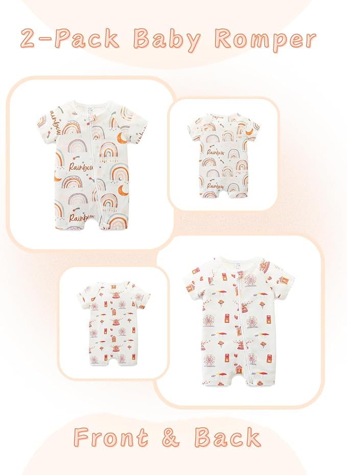 Unisex Summer Trendy 2-Pack Rompers Short Sleeve Zipped Bodysuit Infant Cotton Outfits