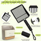 Metal Cat Litter Scooper with Holder, Stainless Steel Metal Litter Scoop Includes Portable Small Broom and Dustpan Set, Speed Sifter Cat Litter Scoop Captures All Clumps, Non-Slip Handle, Easy Clean