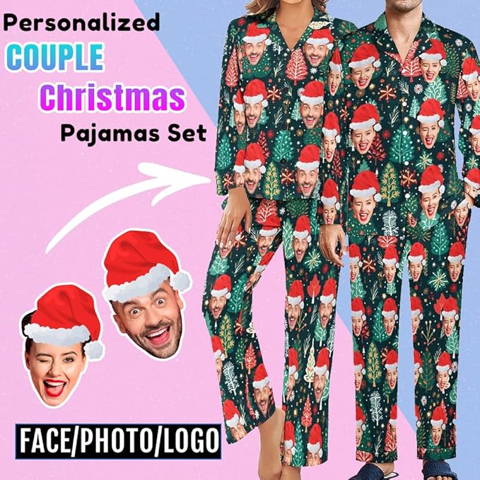 Custom Face Pajamas for Women Men,Personalized Dog Cat Pet Pajamas Set,Christmas Long Sleeve Sleepwear Pjs