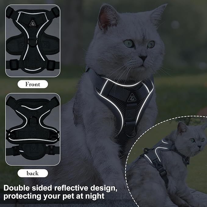 Escape Proof Cat Harness and Leash Set for All Types of Cats - Adjustable Reflective Soft Mesh Vest with 4 Buckles, Breathable Walking Harness for Kittens to XL Cats
