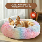 JOLLYVOGUE Calming Dog Bed Large Size Dog, Anti-Anxiety Donut Large Pet Bed, 36 inches Fluffy Faux Fur Round Cat Bed, Fits up to 75 lbs Pets (Rainbow)