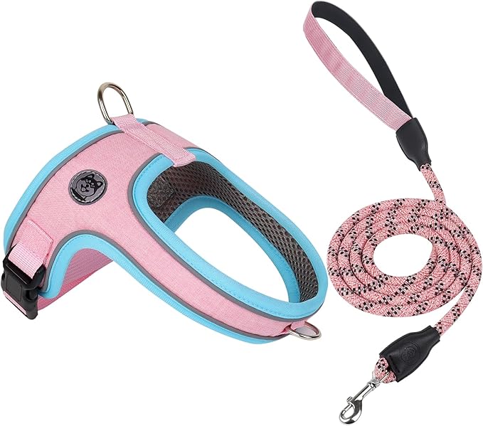 Dog Harness and Leash Set, No Pull Saddle Style Pet Harness, Breathable Mesh Adjustable Reflective Dog Vest for Dogs and Cat Medium Small Harness 2 D-Rings (Pink, M)