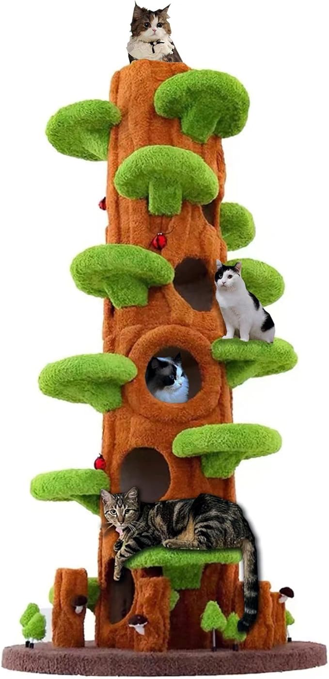 Magic Forest Cat Tree Tower, 90 inches Tall, Real Solid Wood Cat Tree for Multi-Cat Household