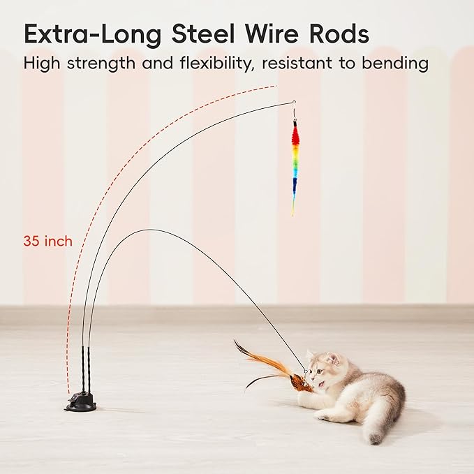 Potaroma Suction Cup Cat Wand Toys, Dual-Wand Interactive Kitten Toy for Indoor Cats with 5 Pcs Feathers Balls Attachments, Charcoal Base