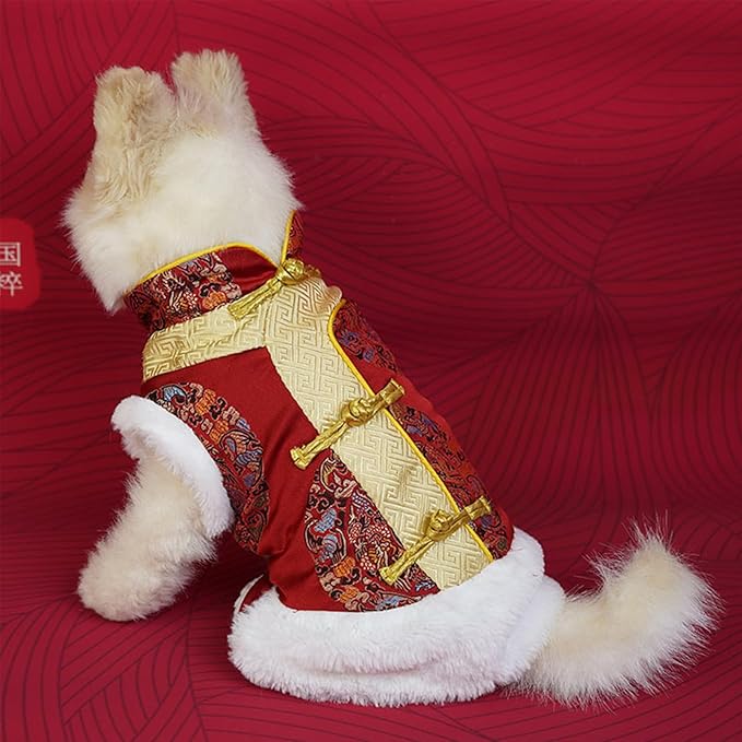 BAMY New Year Small Dog Coat Warm Cat Costume Winter Pet Clothes Vest of The Tang Dynasty Christmas Hoodie for Boy Puppy Kitten Teddy Bichon (M (Chest Circumference 18.1in))