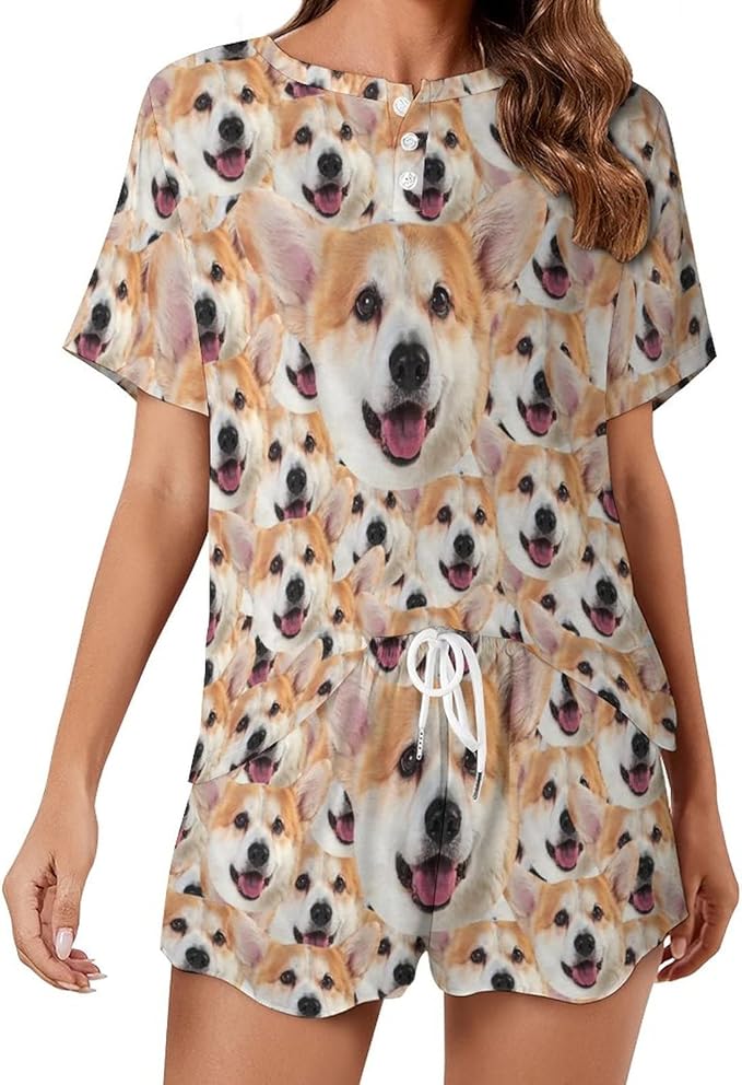 D-Story Custom Short Pajama Set with Pet Face Personalized Photo Sleepwear 2 Pieces Pjs Nightwear Xmas Gift for Women