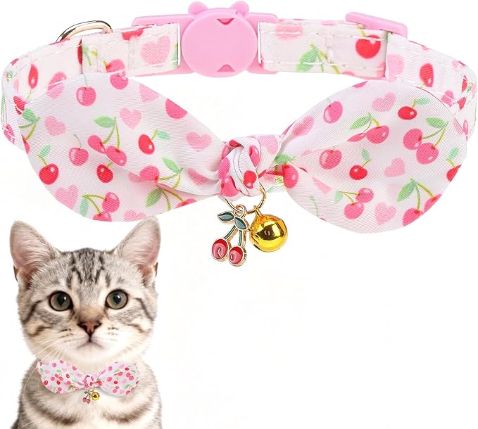 EXPAWLORER Bunny Ear Cat Collar with Bell, Soft Breakaway Kitten Collar with Bow and Accessory, Pink Girl Cat Collars with Safety Quick Release Clasp, Pet Collar for Valentine's Day (Cherry)