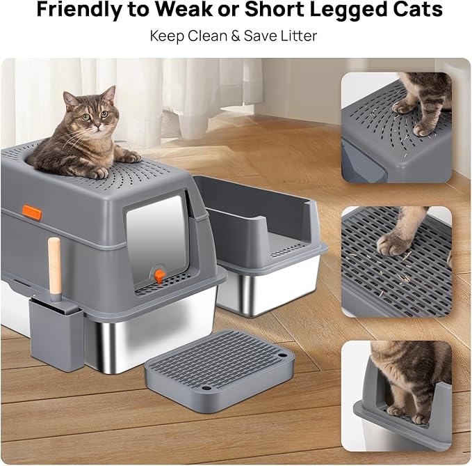 Stainless Steel Litter Box with Lid, SUS304 Metal Cat Litter Boxes, Enclosed Extra Large Kitty LitterBox High Wall, Jumbo Cat Toilet with Triple Pedal, Non-Sticky, Anti-Leakage (XL Grey)