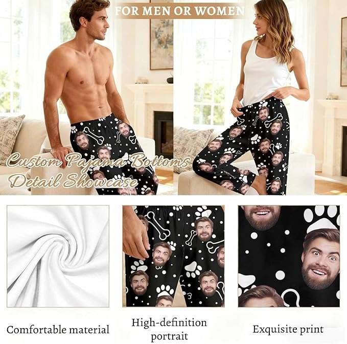 Custom Couple Pajama Pants Sock with Funny Face, Personalized PJ Anniversary Birthday Women Men Pants