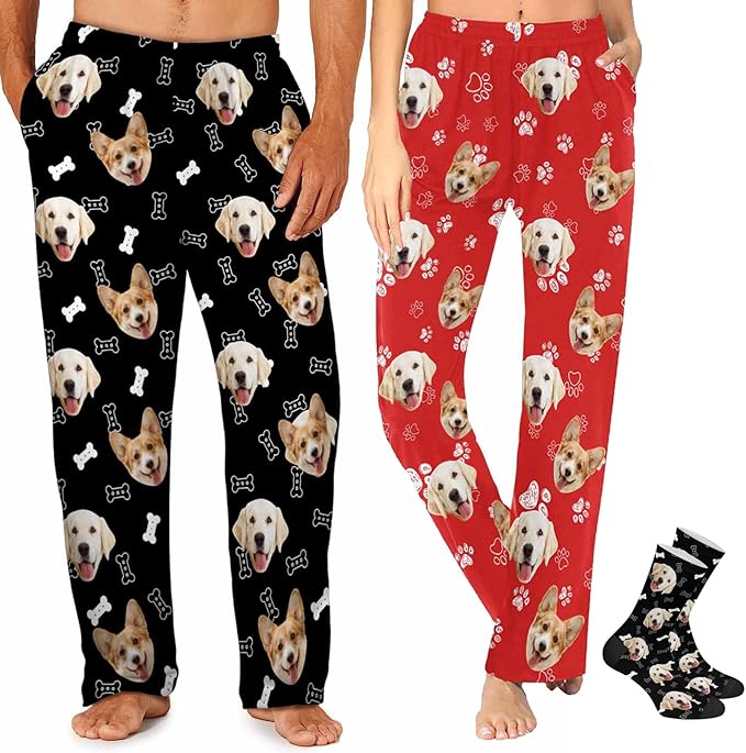 MyPupSocks Custom Pajama Pants for Pet Lover, Personalized Photo Face Printed Pajama Bottoms Sleepwear with Pockets