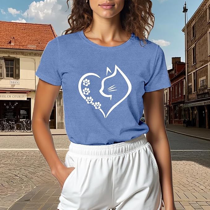 Cat Shirts for Women Cat Mom Tshirts Pet Lover Shirt Cats Paw Print Tee Tops