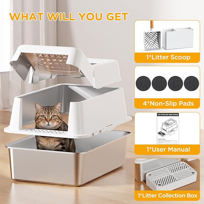 Stainless Steel Litter Box with Lid, XL Closed Metal Litter Box Modular Design with Flip Lid Fits All Cats, Extra Large Covered High Sided Cat Box, Scoop, Non-Sticky, Easy Cleaning (White)