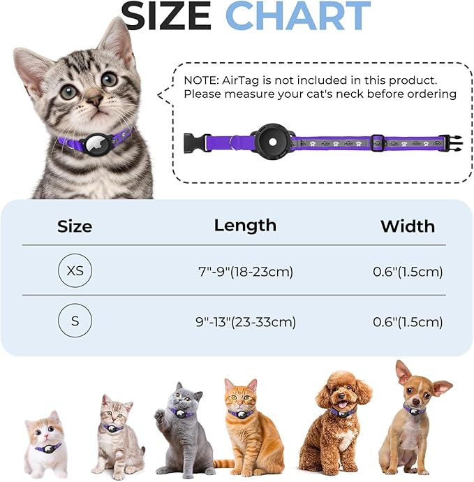 Breakaway AirTag Cat Collar, Reflective Cat Tracker Collar with Air Tag Holder and Bell, Safety Elastic Band Cat GPS Collars for Girl Boy Cats, Kittens and Puppies (Purple, 8-13'')