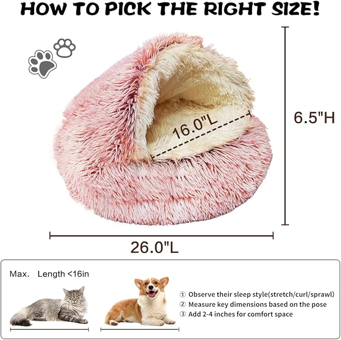 ShinHye Cat Bed Round Plush Fluffy Hooded Cat Bed Cave, Cozy for Indoor Cats or Small Dog beds, Soothing Pet Beds Doughnut Calm Anti-nxiety Dog Bed - Waterproof Bottom Washable (26×26inch, Pink)
