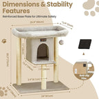 Cat Tree Tower Scratching Post for Indoor Large Cats, Small Cat Tree with Big Perch Bed, 28in Tall Trees House with Condo Cave, Toy Balls, Modern Climbing Furniture Platform for Kitten (Light Gray)