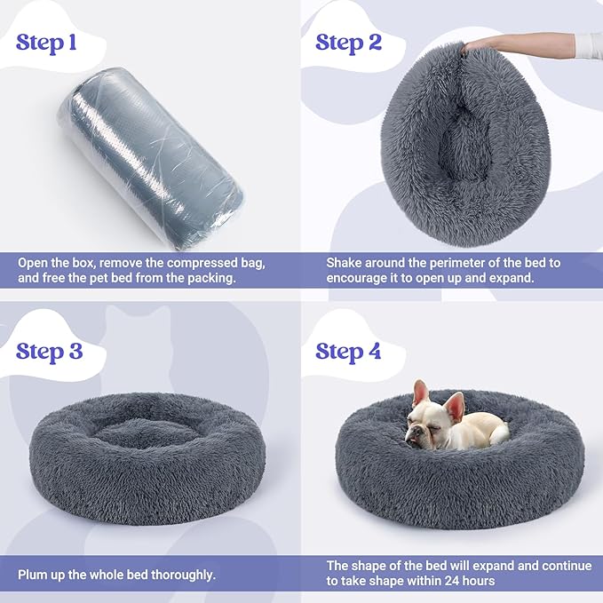 rabbitgoo Calming Dog Bed for Small Medium, 27 inches Pet Bed Machine Washable, Non-Slip Round Fluffy Plush Faux Fur, Soft Donut Cuddler Cushion for Small Dogs, Dark Grey