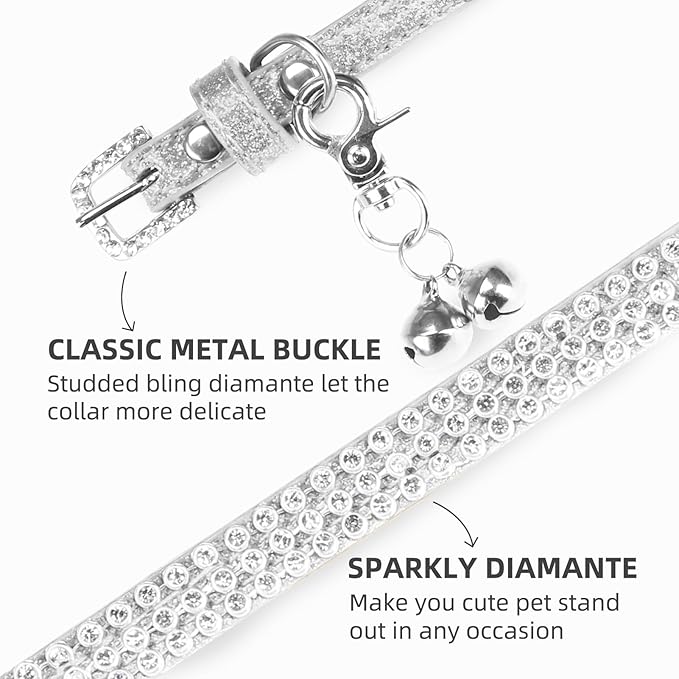 PUPTECK Basic Adjustable Cat Collar with Bling Diamond and Double Bells, for Kitten and Small Puppy, Fashion and Shining Dog Rhinestone Collars, 6-8 in, Silver