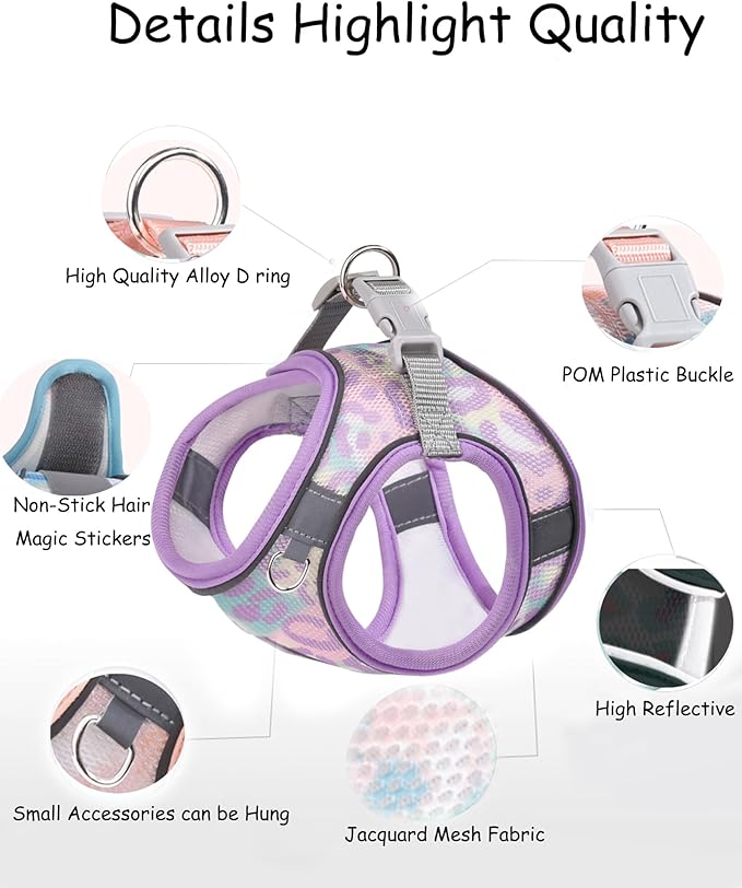 Dog Harness for Small Medium Dogs No Pull, Cat Harness and Leash Set,Step in Puppy Harness. (Purple, L)