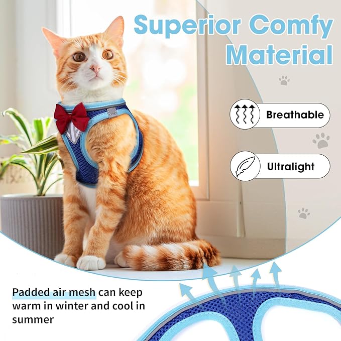 Cat Vest Harness and Leash Set for Walking, Escape Proof, Adjustable Kitten Harness Breathable Mesh with Reflective Strips, Detective Conan-Inspired Design with Glasses and Bow, Blue, L