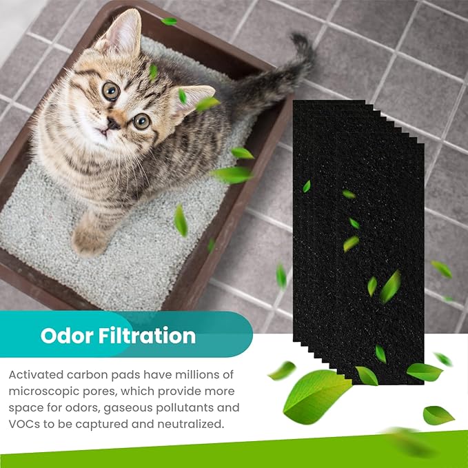 9-Pack 3.6" x 10" Carbon Filter Pads for Automatic & Dome-Style Cat Litter Boxes – Activated Charcoal Liners for Odor Control