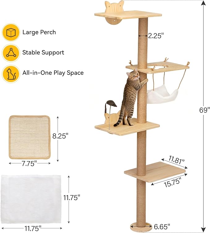 COZIWOW Cat Tree Wall Mounted 4 Tier Cats Climbing Tower 69" Sisal Scratching Post, Cat Wall Shelves Kitten Furniture with Hammock Hanging Toys Wild Simulation, Large Perch Suitable for Lookout