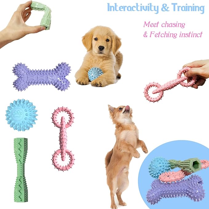 4 Pack Puppy Toys for 2-8 Months Pets Dog Chew Toy for Small Puppies Teething Toys for Cleaning Teeth Food Dispensing Soft Durable Rubber Bone Funny Ball Interactive Donut Treat Dumbbell (Mix Color)