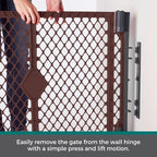 MyPet Extra Wide Dog Gate with Small Pet Door. 38.5” to 103.5" Wide. Cat Gate for Doorway. Made in USA. 26" Tall, Brown