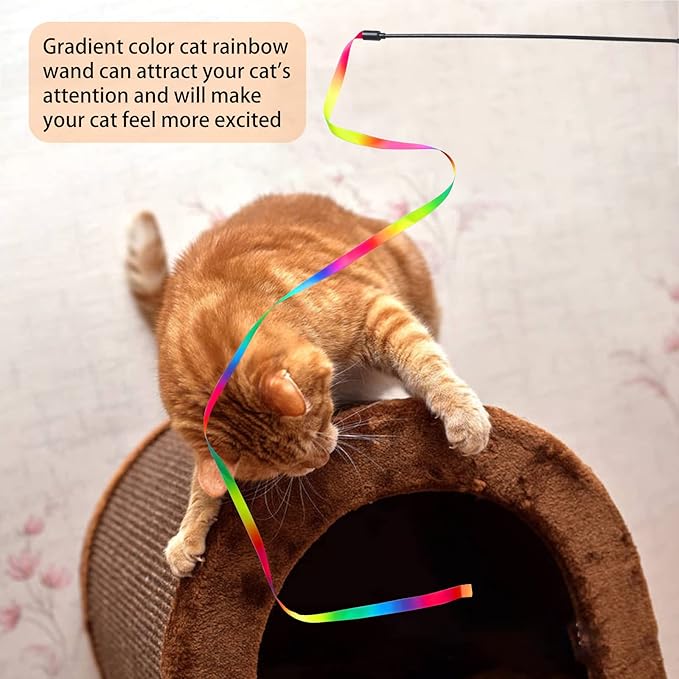 Cat Wand Toys Interactive Kitten Toys for Indoor Cats Colorful Teaser Wand String for Exercise Kitten Stick Kitty Rope Toy Rainbow Ribbon Cat Charmer -2Pcs